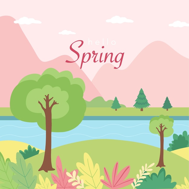 Postcard with a spring landscape. Spring. Spring flowers. Vector graphics