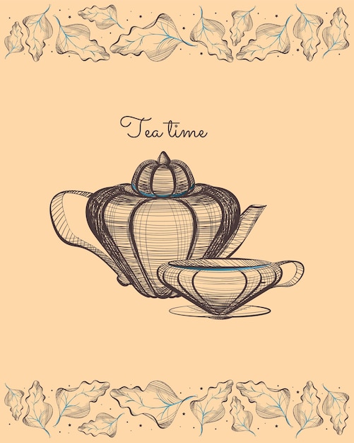 A postcard with a teapot and a cup