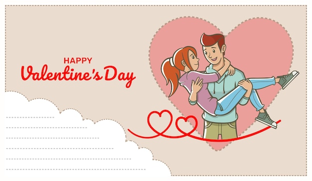 Postcard with text field and loving man carrying a woman in his arms. valentine's day.