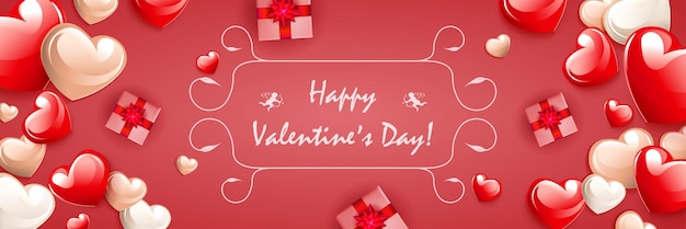 Cartolina con san valentino, cartellino rosso con un set di cuori e scatole regalo.