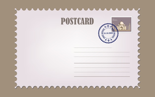 postcard with white paper texture. blank vintage post card template with stamp.