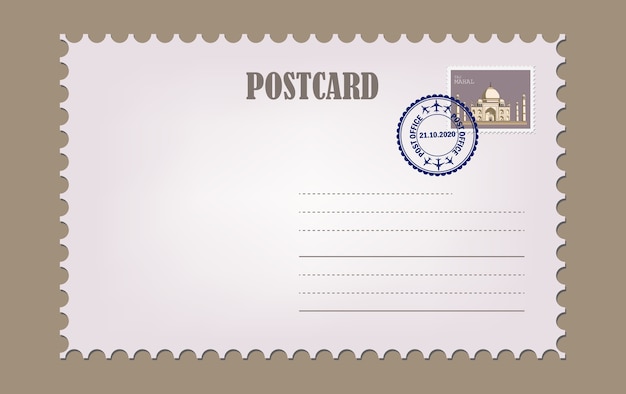 Postcard with white paper texture. blank vintage post card template with stamp.