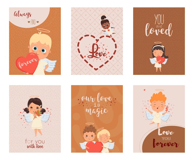 Vector postcards decorated with handwritten quote cupid angels cartoon characters and tiny hearts