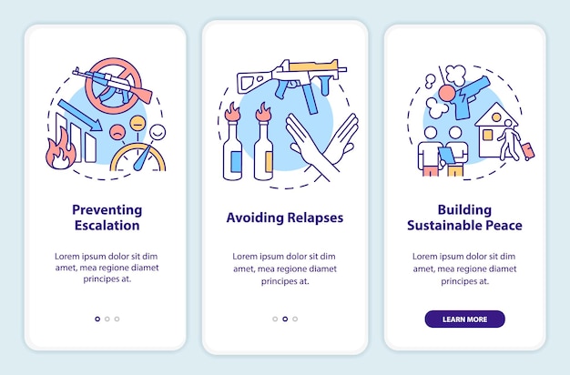 Postconflict reconstructie onboarding mobiele app scherm voorkom terugval walkthrough 3 stappen grafische instructie pagina's met lineaire concepten ui ux gui sjabloon myriad probold regelmatige gebruikte lettertypen