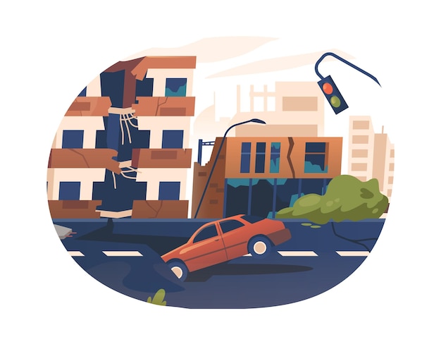 Postearthquake City Road Isolated Element Fractured Cracked Asphalt Buildings Leaning Precariously Broken Car and Traffic Light Eerie Scene of Natural Disaster Cartoon Vector Illustration Icon