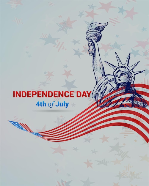 A poster for the 4th of july with a statue of liberty holding a flag.