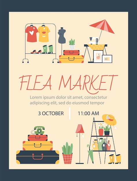 Vector poster about flea market flat style vector illustration