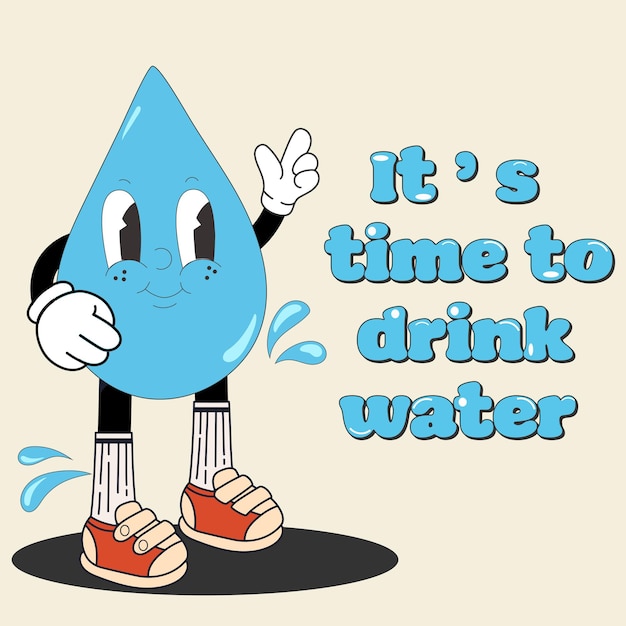 벡터 카 ⁇  스타일의 물방울 캐릭터로 물을 마실 수 있는 포스터 광고 시간