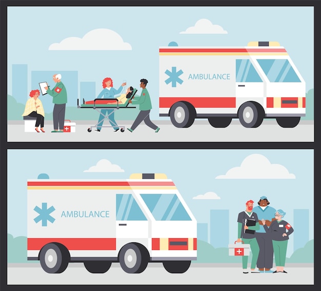 Vector poster ambulance paramedici vector vlakke afbeelding patiënt op een brancard