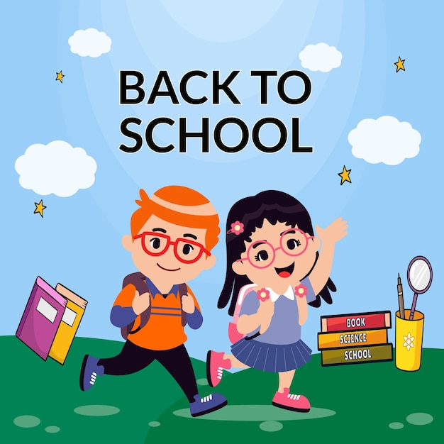 a poster for back to school with children running in the background