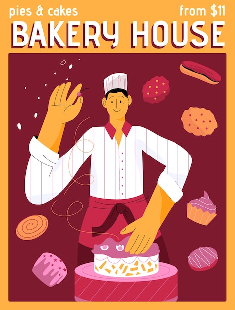 베이커리 하우스 케이크와 파이 개념의 포스터