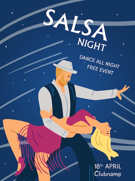 Poster or banner for salsa club with dancing people flat vector illustration