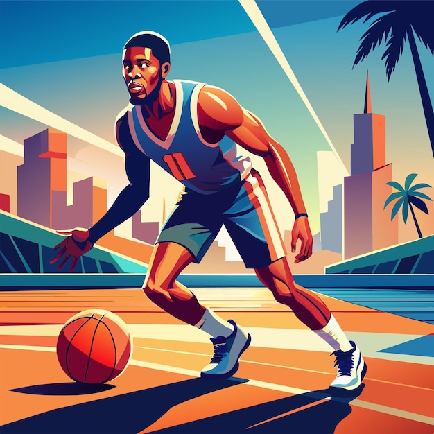 a poster of a basketball player with a city skyline in the background