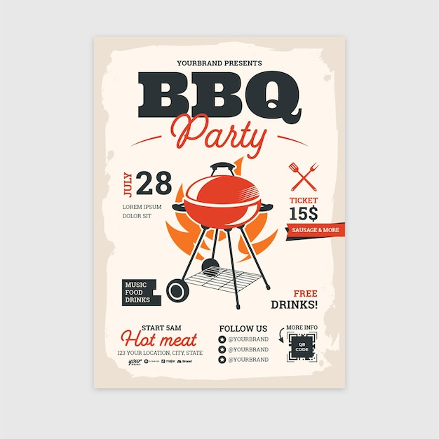 A poster for a bbq party with a hot grill on it.