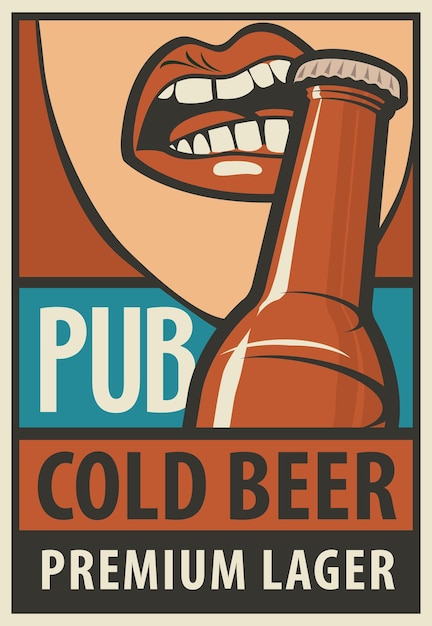 Retro beer poster. Vintage sign advertising cold ale. Pub concept