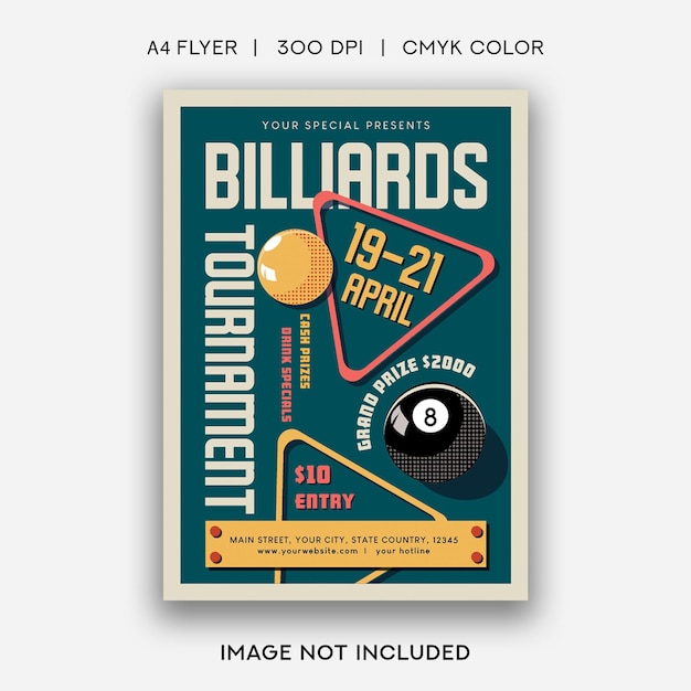 A poster for billiards tournament is shown on a white background.