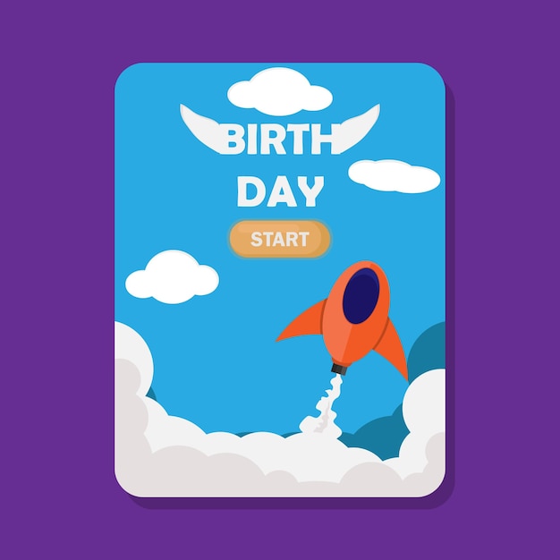 A poster for birth day with a rocket flying through the sky.