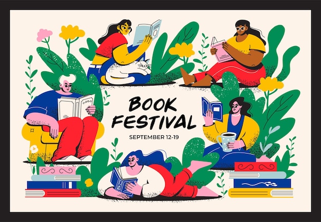 Vector poster of the book festival a group of men and women are reading books library bookstore