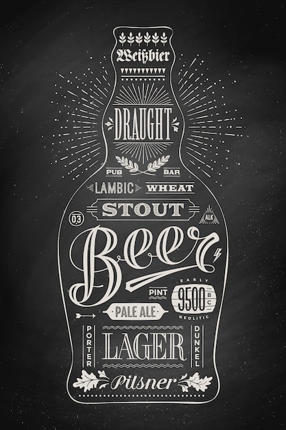 Bottiglia di poster di birra con scritte disegnate a mano Vettore Premium