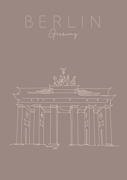 Poster Brandenburger Tor belettering Berlijn, Duitsland tekening in pen lijnstijl op bruine achtergrond