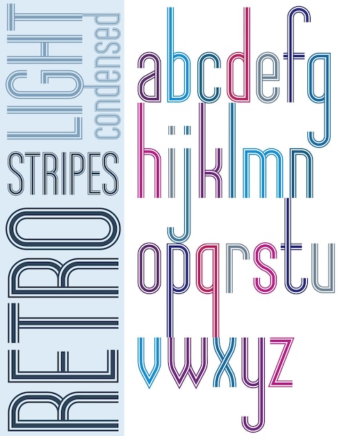 Вектор Плакат яркий ретро сжатый шрифт, полосатые компактные светлые строчные буквы на белом фоне.