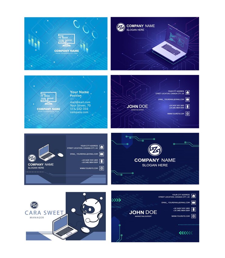 Vector a poster for a business card with a blue background with a laptop and a blue screen