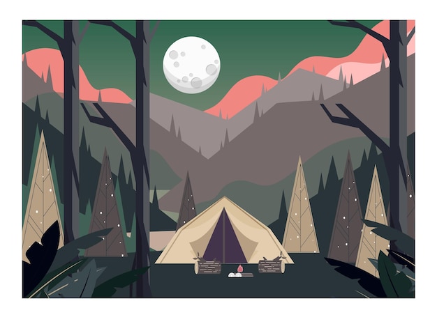 Vettore un poster per un viaggio in campeggio con la luna piena sullo sfondo.