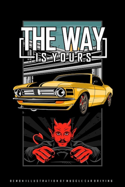A poster for a car show with a devil in the middle and a devil in the middle.