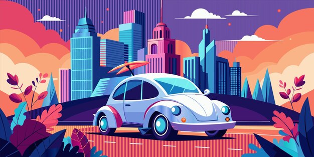 Vector a poster of a car with a city in the background