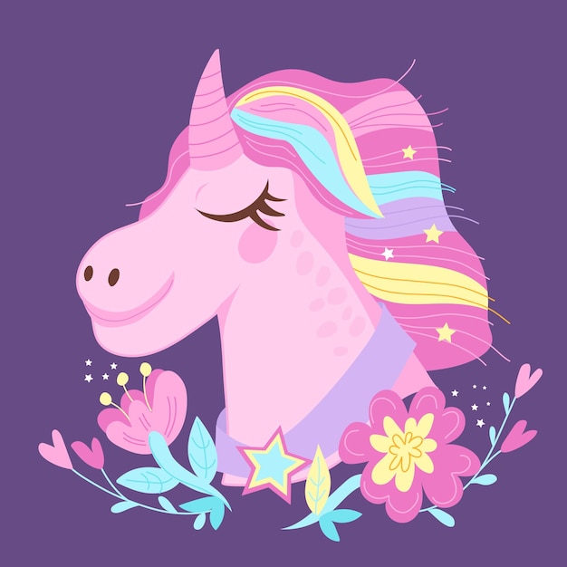 Poster or card with unicorn fancy image and flowers