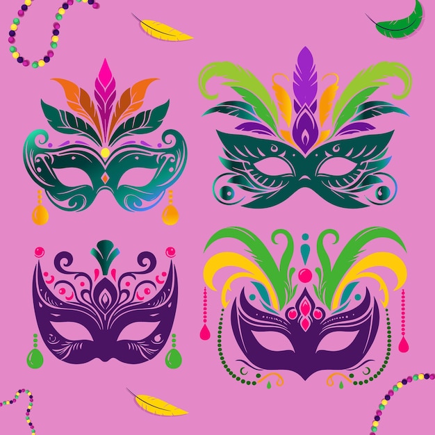 a poster for a carnival with a colorful mask and feathers