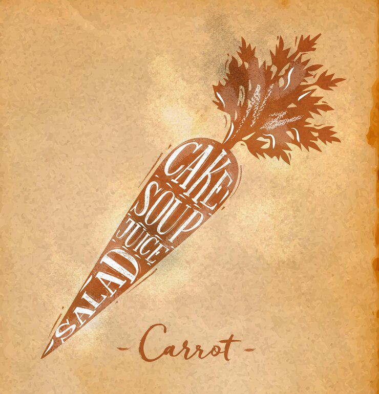 Vector poster carrot cutting scheme lettering cake soup juice salad in retro style drawing on craft