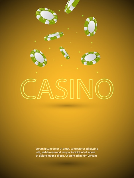 Poster del tema del casinò con lettera di luce al neon brillante e fiches colorate che cadono. gioco d'azzardo