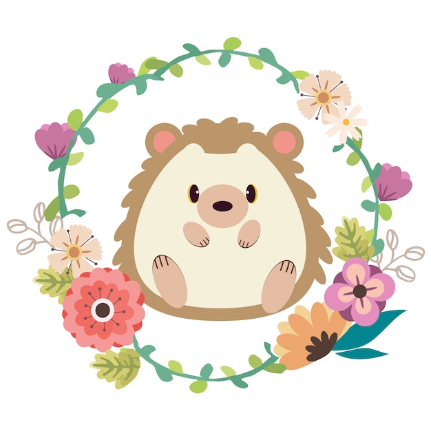 The poster for character of cute hedgehog sitting in to the center of flower ring. 