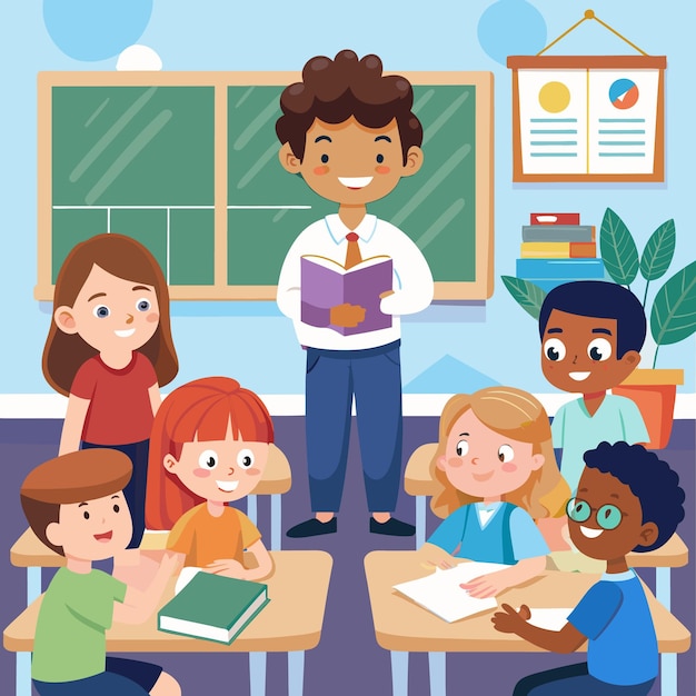 a poster of children reading a book in a classroom with a boy in a white shirt