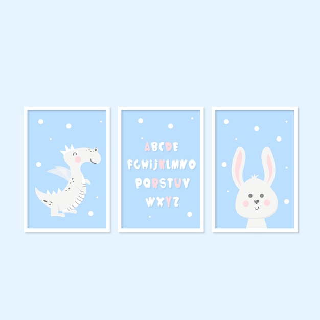 Vector poster for children's room dragon bunny and alphabet