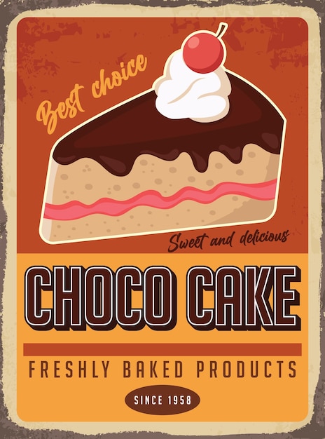 A poster for choco cake with a cherry on top.