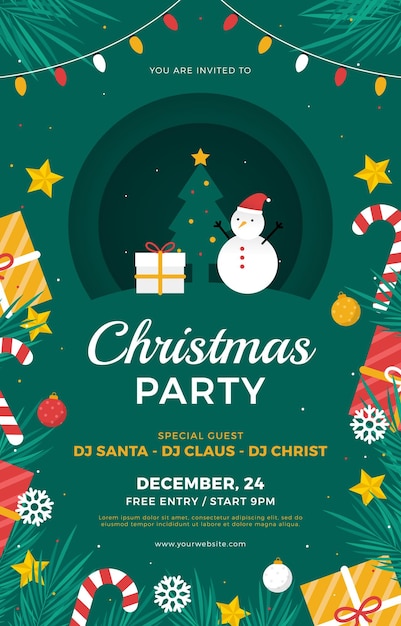 a poster for christmas party with a snowman on the top