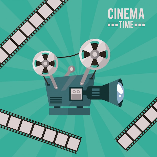 poster of cinema time with movie projector and film tape