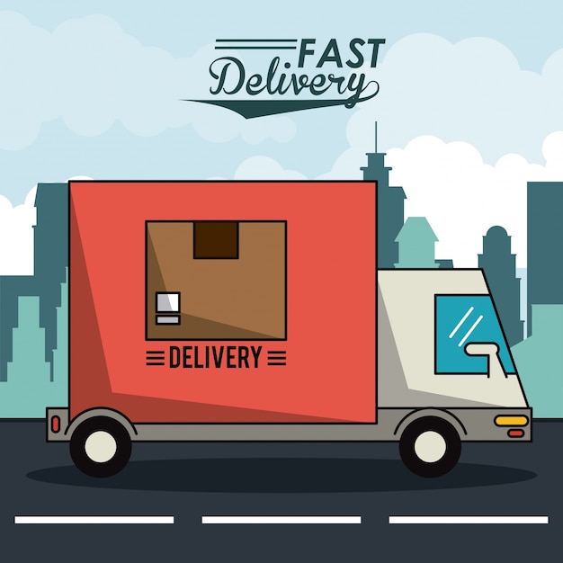 Vector poster city landscape with fast delivery truck of packages