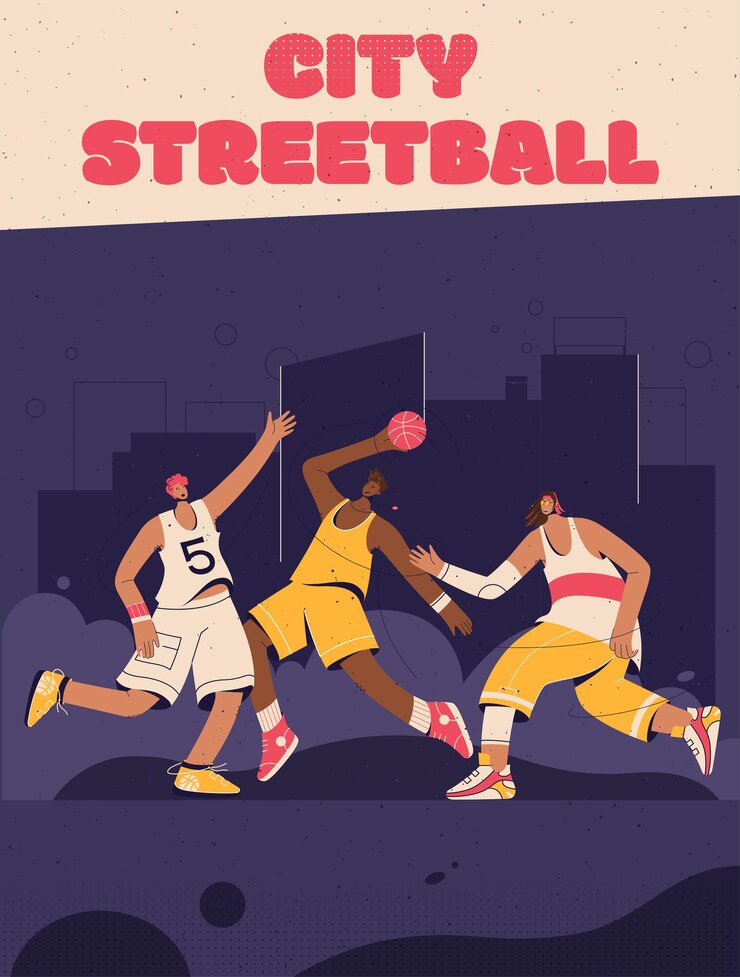 poster of City Streetball concept. Basketball players playing at street playground.