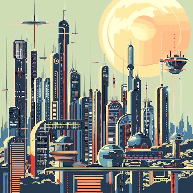 Vector a poster of a city with a building in the background