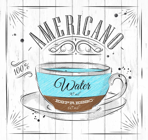 Vector poster coffee americano in vintage style drawing on wood background