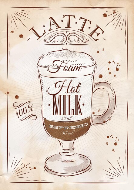 Vector poster coffee latte in vintage style drawing with chalk on the blackboard