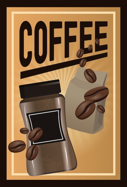Poster caffè con bagliore lineare e contenitore in vetro di caffè con manico e fagioli