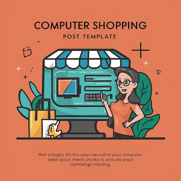 컴퓨터 하드웨어 가게 의 포스터 는 컴퓨터 쇼핑 을 언급 하는 상자 를 가리키는 여자 와 함께