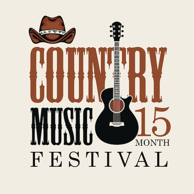Vettore poster per festival country con cappello da cowboy e chitarra