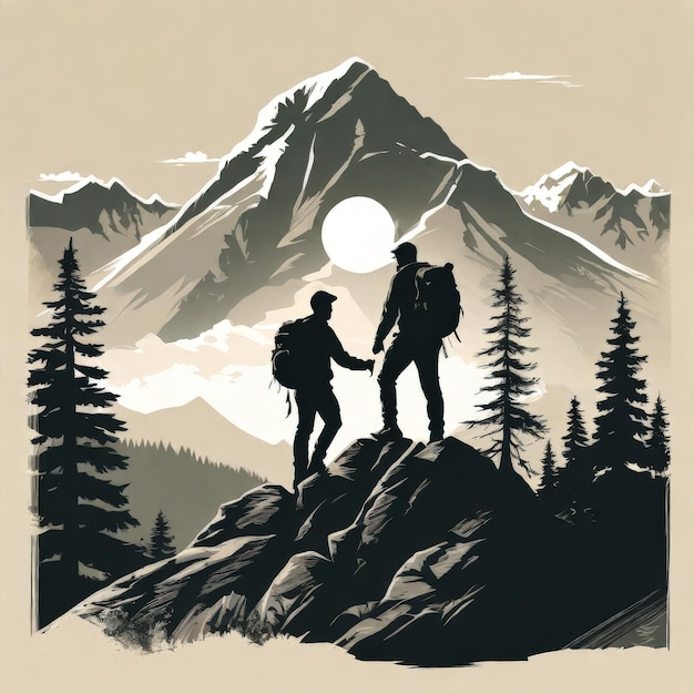 A poster for a couple hiking with mountains in the background