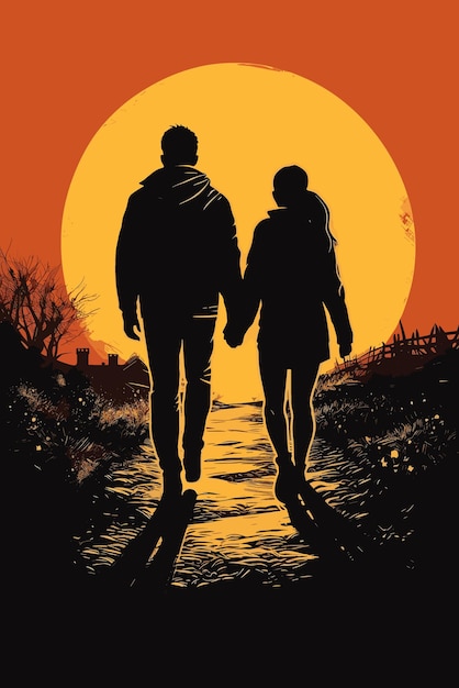 Vector a poster for a couple holding hands and walking in front of a sun