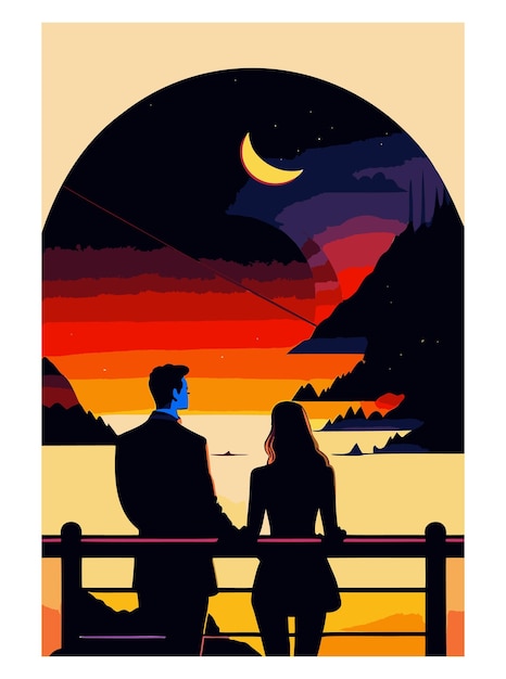 A poster of a couple sitting on a railing looking at the moon.